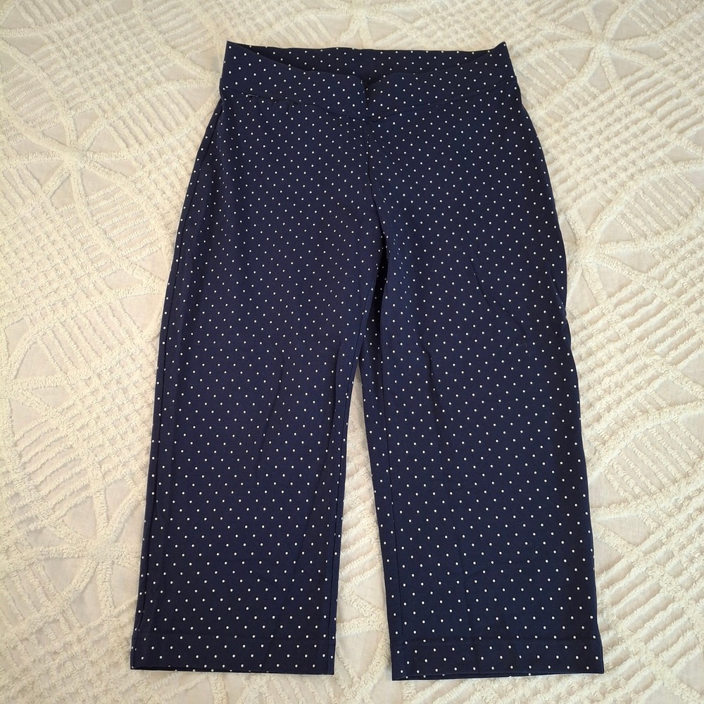 Lands End Womens Large Navy Blue‎ Polka Dot Pull On Crop Pants Cotton Stretch